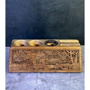 Vintage Lasercraft Engraved Wood Desk Organizer Pen Pencil Card Stand Duck Motif